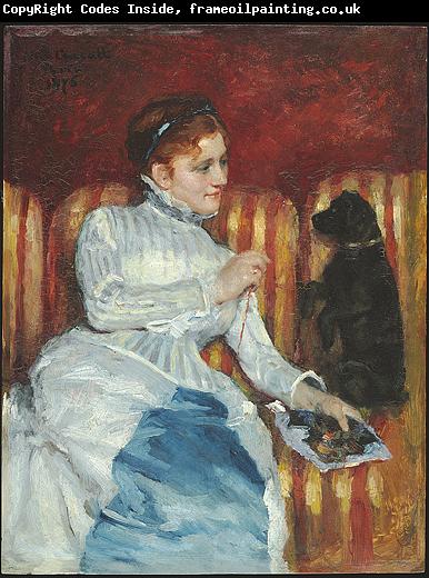 Mary Cassatt Woman on a Striped Sofa with a Dog